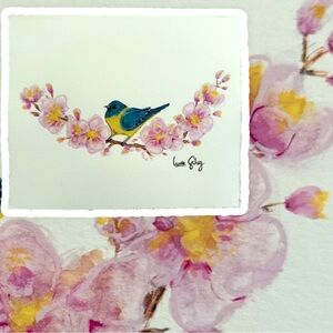 Original illustration: Cherry blossom bird deckled edge watercolor gouache